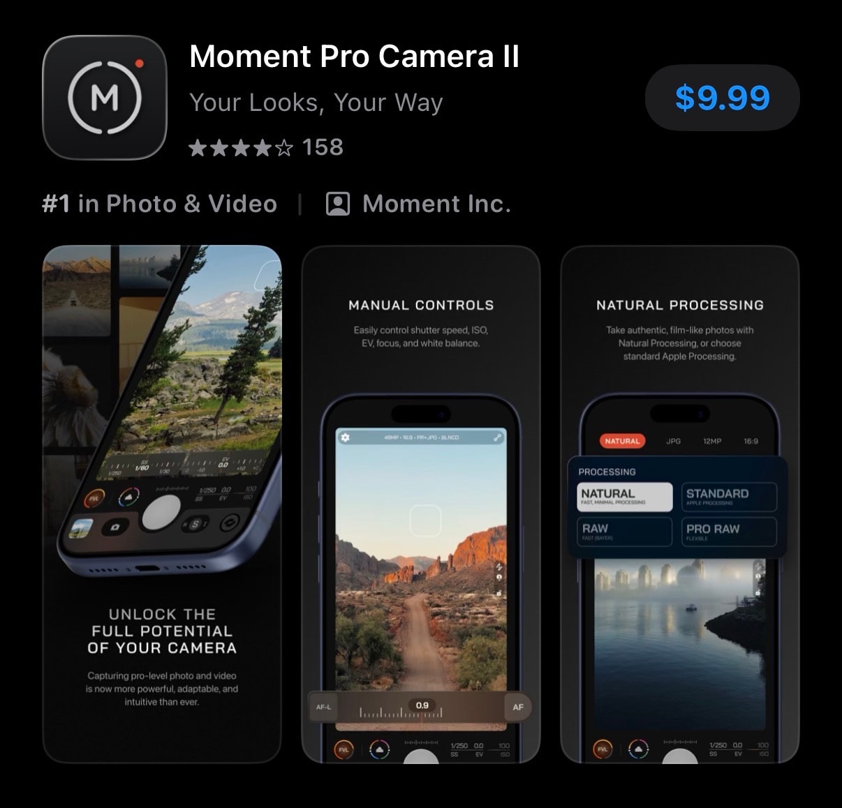 Moment Pro Camera II at #1 on the iOS App Store Paid charts